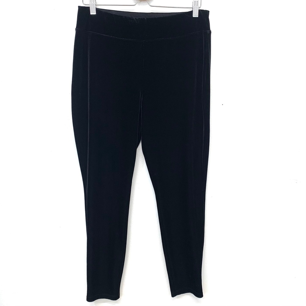 Talbots Black Velvet Leggings Pull On Pants Women 12P Ankle Zip Stretch